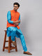 Vastramay Men's Orange Matka Silk Nehru Jacket With Aqua Blue Silk Blend Kurta and Pyjama Set